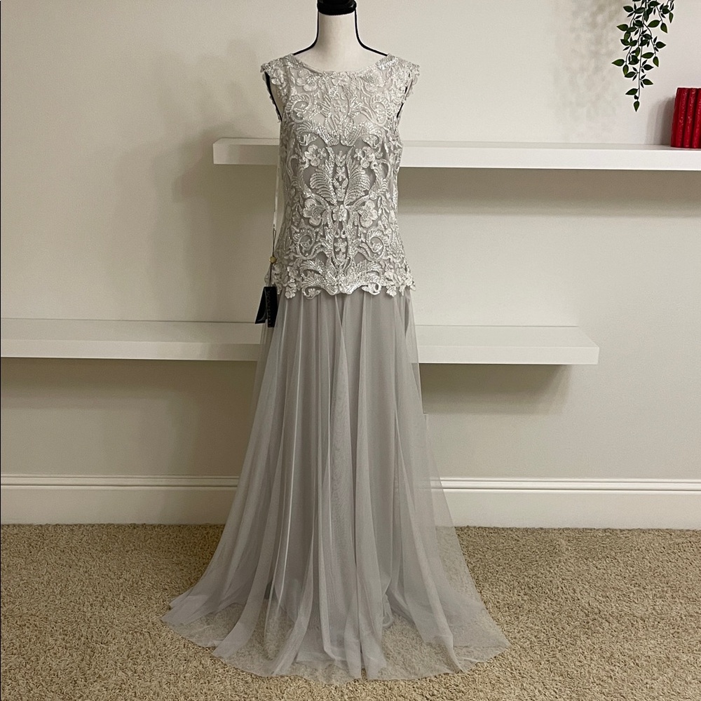 Tadashi Shoji Silver Lace Maxi Dress